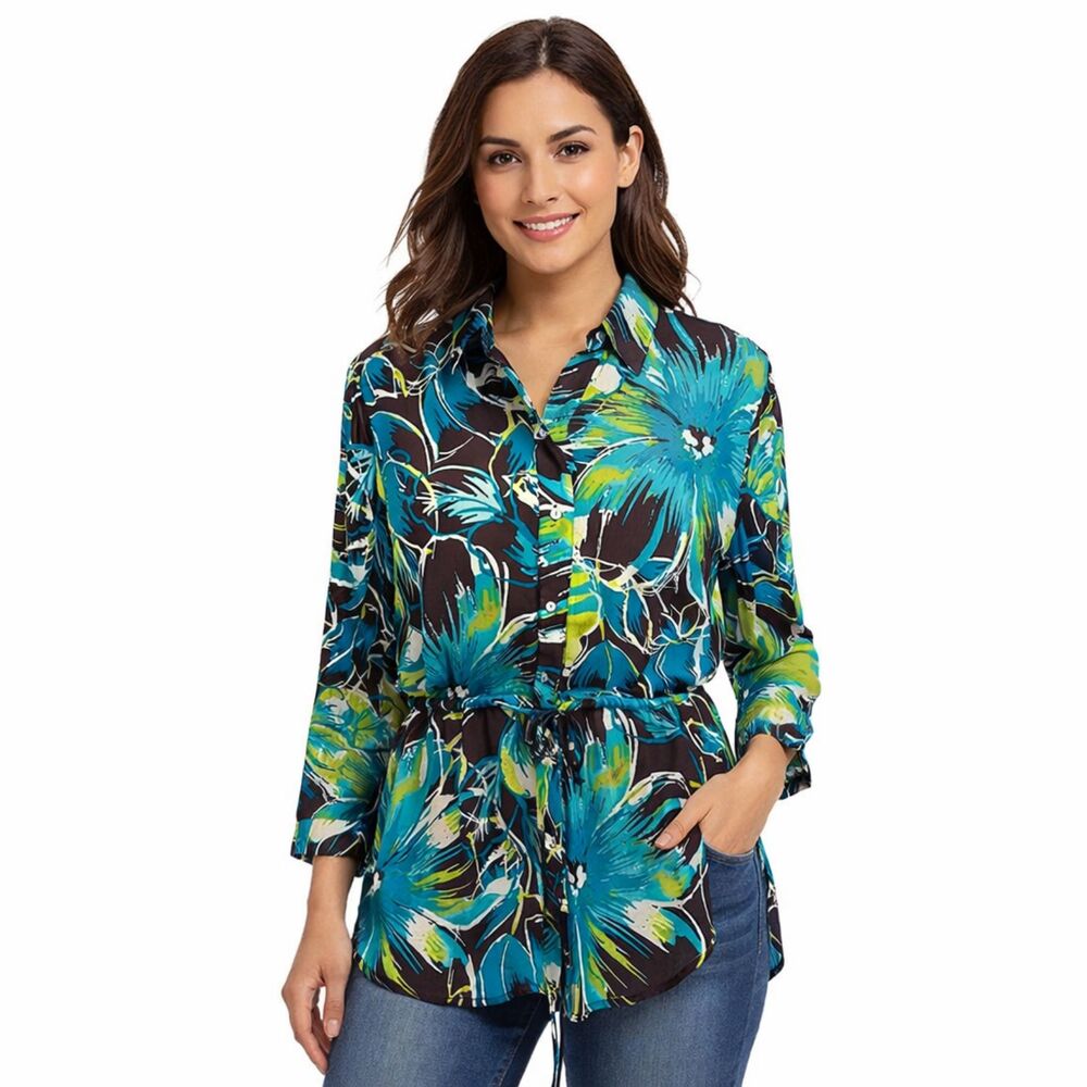 Chico's Silk Tropical Brown & Blue Floral Tunic Top Size 2 (12) LIKE NEW